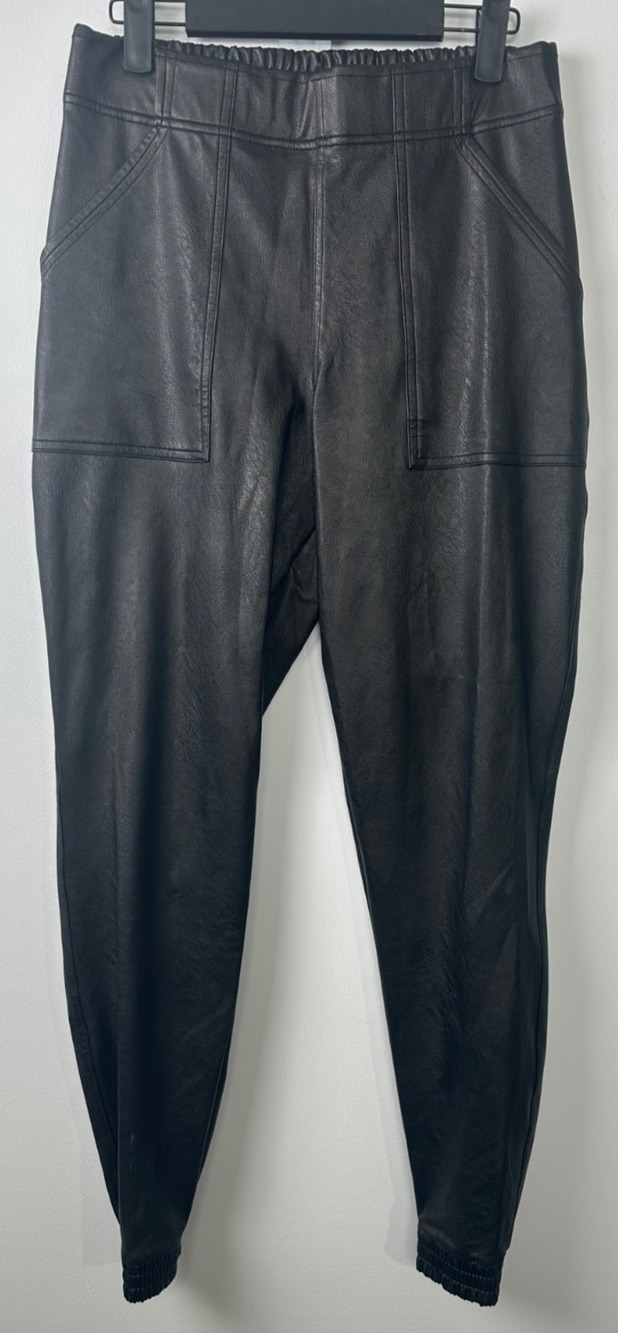 SPANX Women’s M Black Solid Faux Leather Jogger Pants, Elastic Waist Biker D35